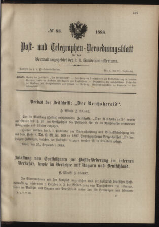 Post- und Telegraphen-Verordnungsblatt für das Verwaltungsgebiet des K.-K. Handelsministeriums 18880927 Seite: 1