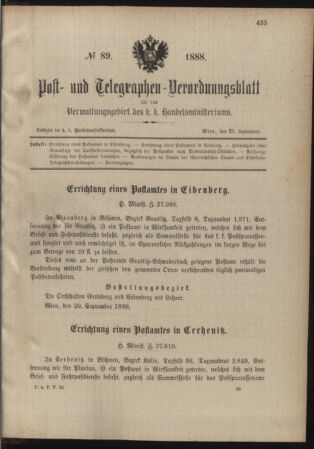 Post- und Telegraphen-Verordnungsblatt für das Verwaltungsgebiet des K.-K. Handelsministeriums 18880928 Seite: 1