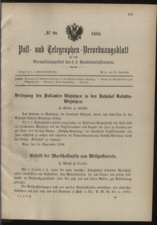 Post- und Telegraphen-Verordnungsblatt für das Verwaltungsgebiet des K.-K. Handelsministeriums 18880929 Seite: 1