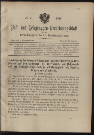 Post- und Telegraphen-Verordnungsblatt für das Verwaltungsgebiet des K.-K. Handelsministeriums 18880930 Seite: 1