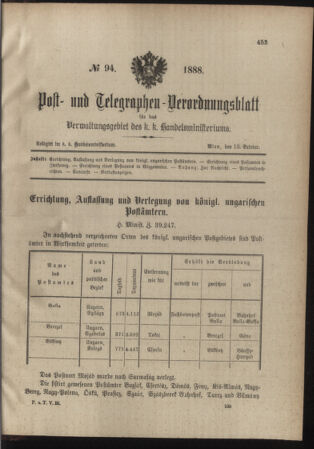 Post- und Telegraphen-Verordnungsblatt für das Verwaltungsgebiet des K.-K. Handelsministeriums 18881010 Seite: 1