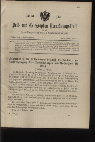 Post- und Telegraphen-Verordnungsblatt für das Verwaltungsgebiet des K.-K. Handelsministeriums 18881017 Seite: 1