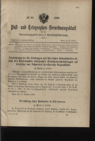 Post- und Telegraphen-Verordnungsblatt für das Verwaltungsgebiet des K.-K. Handelsministeriums 18881028 Seite: 1