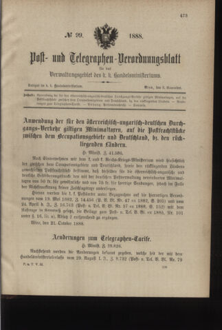 Post- und Telegraphen-Verordnungsblatt für das Verwaltungsgebiet des K.-K. Handelsministeriums 18881103 Seite: 1