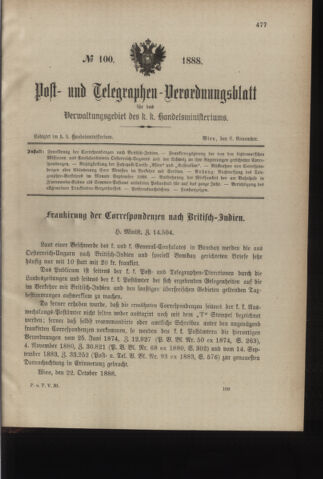 Post- und Telegraphen-Verordnungsblatt für das Verwaltungsgebiet des K.-K. Handelsministeriums 18881106 Seite: 1