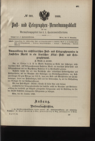 Post- und Telegraphen-Verordnungsblatt für das Verwaltungsgebiet des K.-K. Handelsministeriums 18881110 Seite: 1