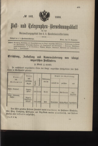 Post- und Telegraphen-Verordnungsblatt für das Verwaltungsgebiet des K.-K. Handelsministeriums 18881112 Seite: 1