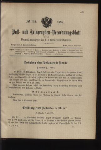 Post- und Telegraphen-Verordnungsblatt für das Verwaltungsgebiet des K.-K. Handelsministeriums 18881116 Seite: 1