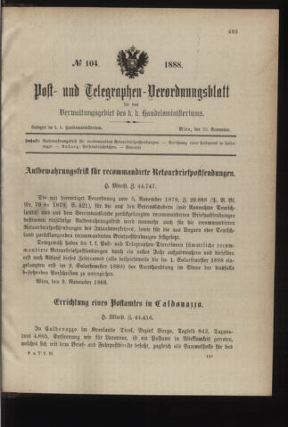 Post- und Telegraphen-Verordnungsblatt für das Verwaltungsgebiet des K.-K. Handelsministeriums 18881120 Seite: 1