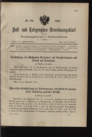 Post- und Telegraphen-Verordnungsblatt für das Verwaltungsgebiet des K.-K. Handelsministeriums 18881124 Seite: 1