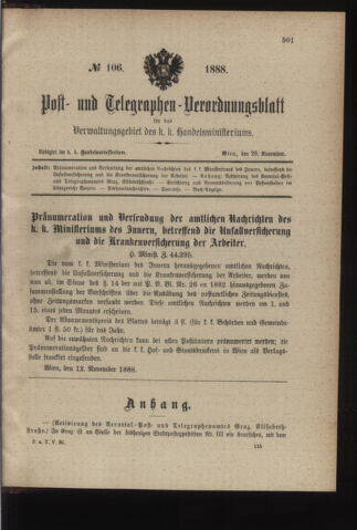 Post- und Telegraphen-Verordnungsblatt für das Verwaltungsgebiet des K.-K. Handelsministeriums 18881128 Seite: 1