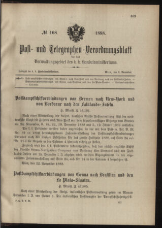 Post- und Telegraphen-Verordnungsblatt für das Verwaltungsgebiet des K.-K. Handelsministeriums 18881206 Seite: 1