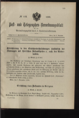 Post- und Telegraphen-Verordnungsblatt für das Verwaltungsgebiet des K.-K. Handelsministeriums 18881221 Seite: 1