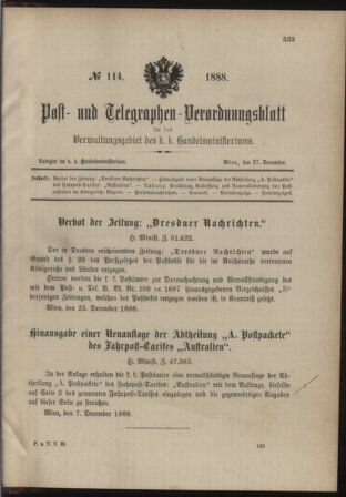 Post- und Telegraphen-Verordnungsblatt für das Verwaltungsgebiet des K.-K. Handelsministeriums 18881227 Seite: 1