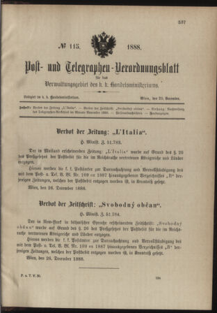 Post- und Telegraphen-Verordnungsblatt für das Verwaltungsgebiet des K.-K. Handelsministeriums 18881229 Seite: 1