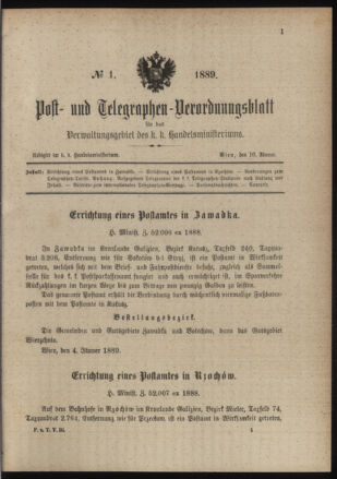 Post- und Telegraphen-Verordnungsblatt für das Verwaltungsgebiet des K.-K. Handelsministeriums 18890116 Seite: 1