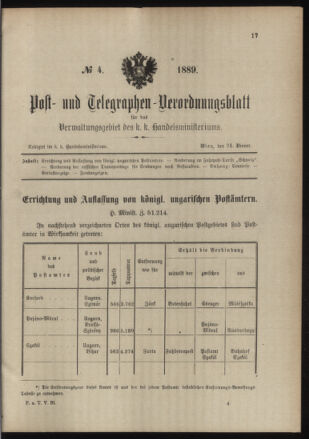 Post- und Telegraphen-Verordnungsblatt für das Verwaltungsgebiet des K.-K. Handelsministeriums 18890124 Seite: 1