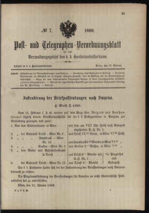 Post- und Telegraphen-Verordnungsblatt für das Verwaltungsgebiet des K.-K. Handelsministeriums 18890212 Seite: 1