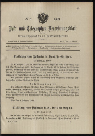 Post- und Telegraphen-Verordnungsblatt für das Verwaltungsgebiet des K.-K. Handelsministeriums 18890213 Seite: 1