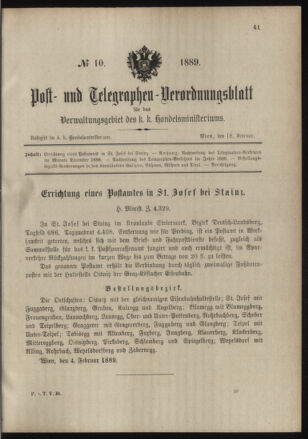 Post- und Telegraphen-Verordnungsblatt für das Verwaltungsgebiet des K.-K. Handelsministeriums 18890218 Seite: 1