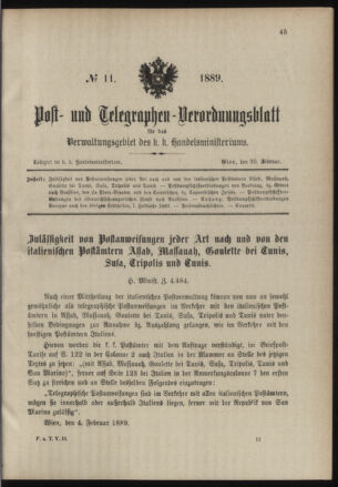 Post- und Telegraphen-Verordnungsblatt für das Verwaltungsgebiet des K.-K. Handelsministeriums 18890220 Seite: 1