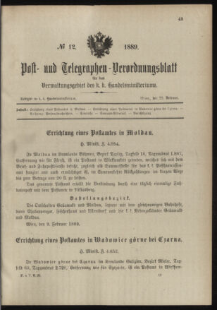 Post- und Telegraphen-Verordnungsblatt für das Verwaltungsgebiet des K.-K. Handelsministeriums 18890222 Seite: 1