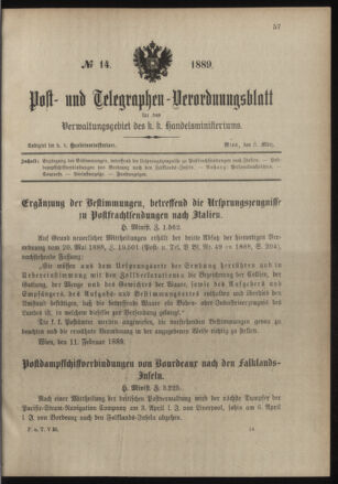 Post- und Telegraphen-Verordnungsblatt für das Verwaltungsgebiet des K.-K. Handelsministeriums 18890306 Seite: 1