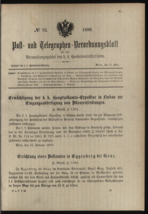 Post- und Telegraphen-Verordnungsblatt für das Verwaltungsgebiet des K.-K. Handelsministeriums 18890312 Seite: 1