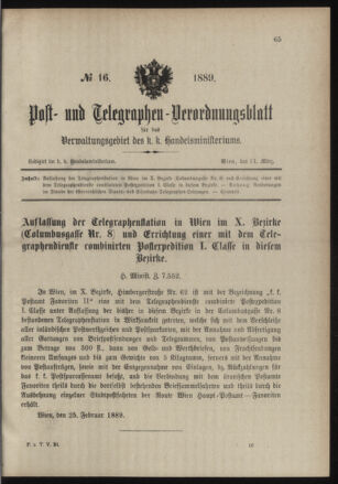 Post- und Telegraphen-Verordnungsblatt für das Verwaltungsgebiet des K.-K. Handelsministeriums 18890314 Seite: 1