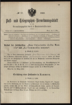 Post- und Telegraphen-Verordnungsblatt für das Verwaltungsgebiet des K.-K. Handelsministeriums 18890315 Seite: 1