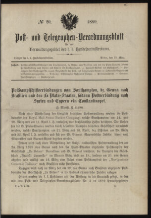 Post- und Telegraphen-Verordnungsblatt für das Verwaltungsgebiet des K.-K. Handelsministeriums 18890319 Seite: 1