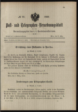 Post- und Telegraphen-Verordnungsblatt für das Verwaltungsgebiet des K.-K. Handelsministeriums 18890323 Seite: 1