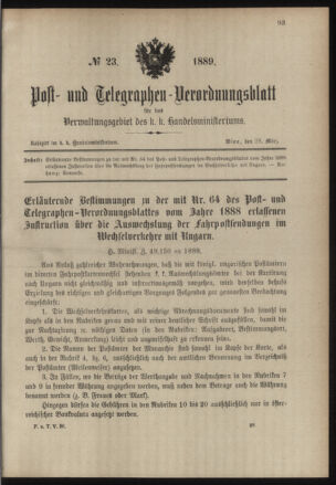 Post- und Telegraphen-Verordnungsblatt für das Verwaltungsgebiet des K.-K. Handelsministeriums 18890328 Seite: 1