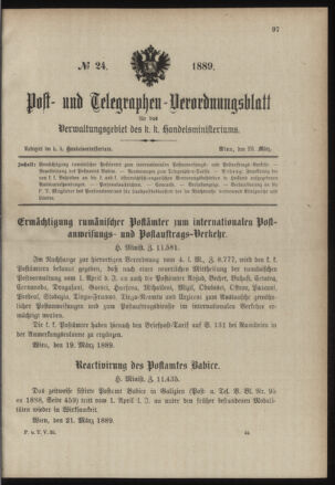 Post- und Telegraphen-Verordnungsblatt für das Verwaltungsgebiet des K.-K. Handelsministeriums 18890329 Seite: 1