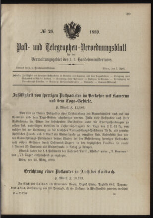 Post- und Telegraphen-Verordnungsblatt für das Verwaltungsgebiet des K.-K. Handelsministeriums 18890407 Seite: 1