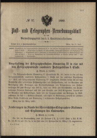 Post- und Telegraphen-Verordnungsblatt für das Verwaltungsgebiet des K.-K. Handelsministeriums 18890410 Seite: 1