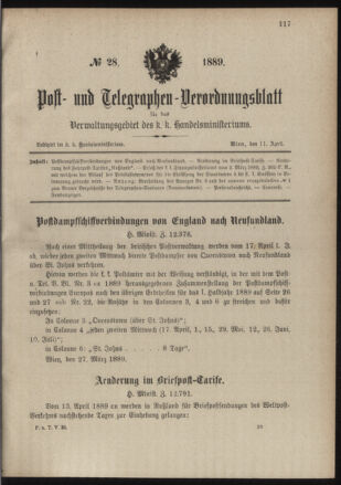 Post- und Telegraphen-Verordnungsblatt für das Verwaltungsgebiet des K.-K. Handelsministeriums 18890411 Seite: 1