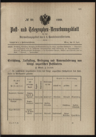 Post- und Telegraphen-Verordnungsblatt für das Verwaltungsgebiet des K.-K. Handelsministeriums 18890413 Seite: 1