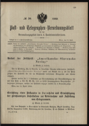 Post- und Telegraphen-Verordnungsblatt für das Verwaltungsgebiet des K.-K. Handelsministeriums 18890414 Seite: 1