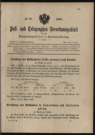 Post- und Telegraphen-Verordnungsblatt für das Verwaltungsgebiet des K.-K. Handelsministeriums 18890418 Seite: 1