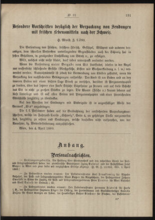 Post- und Telegraphen-Verordnungsblatt für das Verwaltungsgebiet des K.-K. Handelsministeriums 18890418 Seite: 3