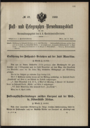 Post- und Telegraphen-Verordnungsblatt für das Verwaltungsgebiet des K.-K. Handelsministeriums 18890419 Seite: 1