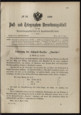 Post- und Telegraphen-Verordnungsblatt für das Verwaltungsgebiet des K.-K. Handelsministeriums 18890425 Seite: 1