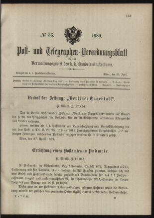 Post- und Telegraphen-Verordnungsblatt für das Verwaltungsgebiet des K.-K. Handelsministeriums 18890428 Seite: 1