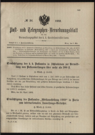 Post- und Telegraphen-Verordnungsblatt für das Verwaltungsgebiet des K.-K. Handelsministeriums 18890506 Seite: 1