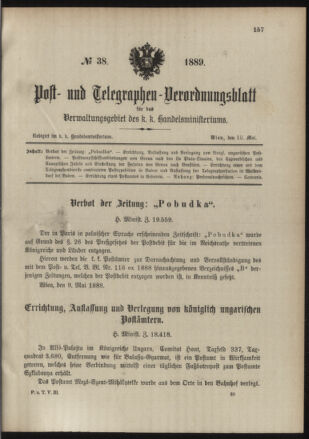 Post- und Telegraphen-Verordnungsblatt für das Verwaltungsgebiet des K.-K. Handelsministeriums 18890510 Seite: 1