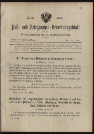 Post- und Telegraphen-Verordnungsblatt für das Verwaltungsgebiet des K.-K. Handelsministeriums 18890518 Seite: 1