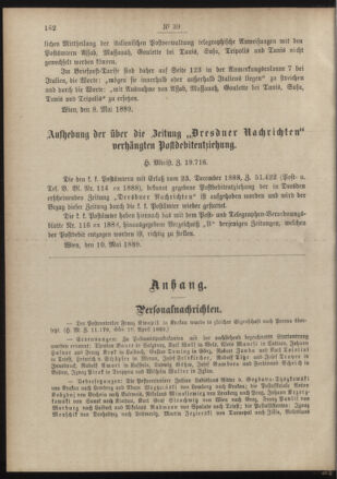 Post- und Telegraphen-Verordnungsblatt für das Verwaltungsgebiet des K.-K. Handelsministeriums 18890518 Seite: 2