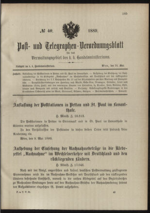 Post- und Telegraphen-Verordnungsblatt für das Verwaltungsgebiet des K.-K. Handelsministeriums 18890524 Seite: 1