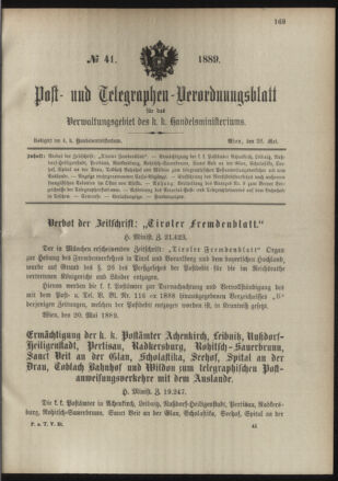 Post- und Telegraphen-Verordnungsblatt für das Verwaltungsgebiet des K.-K. Handelsministeriums 18890526 Seite: 1